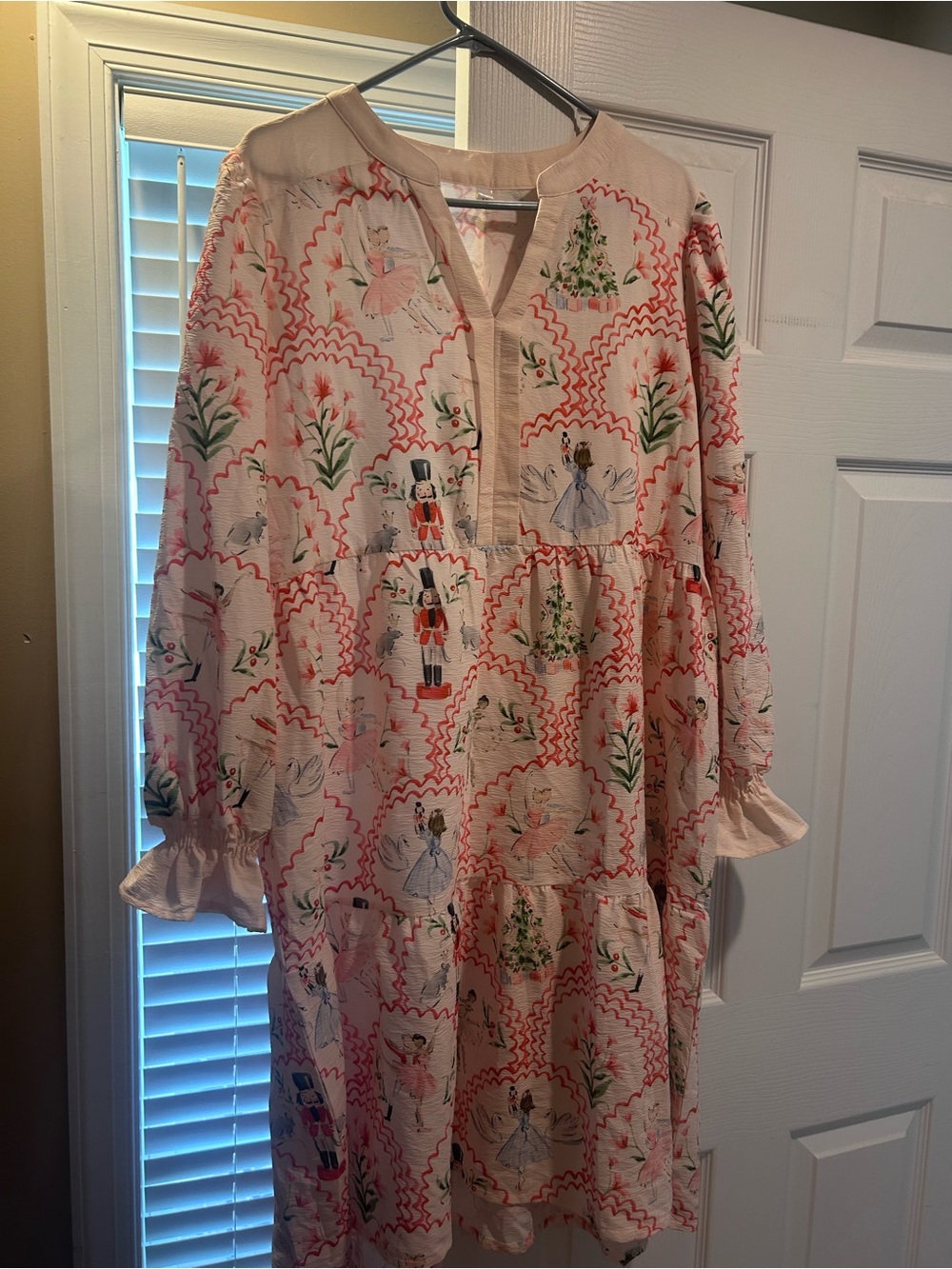 Christmas Nutcracker & Ballerina Print Tiered Smock Dress. Christmas Holiday